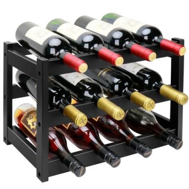Imagem de Thalomely Rack de vinho de bambu, prateleira de armário de armazenamento de vinho com 12 garrafas de 3 níveis, prateleira de armazenamento de vinho de bambu independente de fácil montagem, bancada