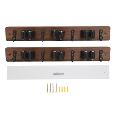 Imagem de Suporte para vassoura para esfregão, montagem na parede, madeira, 3 posições, 4 ganchos, rack organizador para banheiro, cozinha, lavanderia, armazenamento de ferramentas, cabide