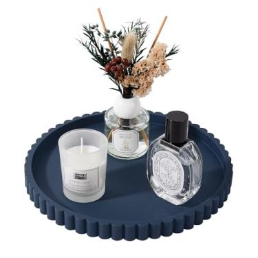 Imagem de Bandeja de banheiro redonda de silicone para decoração de bancada de cozinha, bandeja decorativa de mesa de centro para perfume, vela, saboneteira, 23 cm, azul escuro
