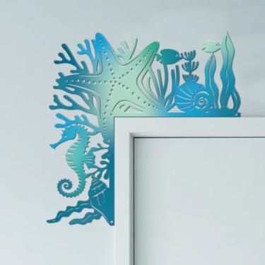 Imagem de CUTHOLLOW Decoração de porta de metal coral estrela do mar tema oceano janela canto parede decoração para casa banheiro quarto escritório, azul