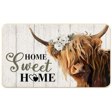 Imagem de WARDOS Tapete de porta Home Sweet Home, tapete de vaca Highland floral rústico para porta da frente para entrada interna e externa, tapete de boas-vindas de fazenda externo, tapetes de banho de vaca