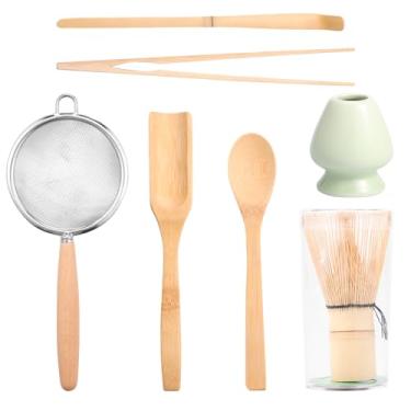Imagem de ZJRDYYK Conjunto de 7 peças de batedor de bambu Matcha inclui batedor e suporte de cerâmica, colher de chá e pá, mostrador de chá, clipe, peneira de aço inoxidável, presente para amantes de matcha