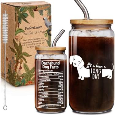Imagem de Copos de vidro Dachshund de 473 ml com tampas e canudos presentes para mulheres e homens - It's Been A Long Day Dachshund, decoração de cães Weiner, presentes engraçados de xícara de café gelado para
