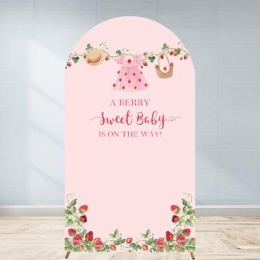 Imagem de yomievenjoy Capa de fundo de arco A Berry Sweet Baby is on The Way 2,2 m, rosa pastel, chá de bebê, morango, floral, elastano, tecido elástico, elástico, quadro de boas-vindas, 1,2 x 2,2 m
