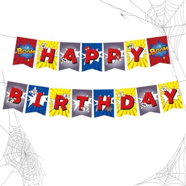 Imagem de Banner de feliz aniversário de herói de desenho animado, decorações de festa de aniversário com tema de super-herói da cidade, bandeira de heróis de aranha suprimentos de festa para meninos e meninas