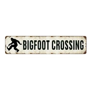 Imagem de Placa de metal Bigfoot Crossing - Placa de aviso engraçada para quintal, floresta, acampamento, trilha - decoração de parede de estanho vintage, arte de cabine, alumínio de 10 x 40 cm