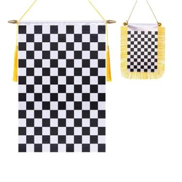 Imagem de Pacote com 2 bandeiras de corrida quadriculadas pretas e brancas, mini bandeira quadriculada pendurada na janela do carro, acabamento acetinado, tecido resistente, bandeiras patrióticas para decoração