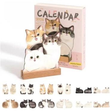 Imagem de Velytycheo Calendário mensal de mesa 2026 para gatos e cães – 12 páginas de planejamento frente e verso em suporte de madeira, pequeno calendário de mesa de escritório para decoração de amantes de