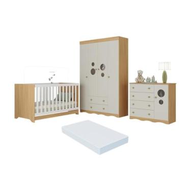 Imagem de Quarto de Bebê Completo Berço Americano 3 em 1 Colchão Sonho Multimóveis Mp4631 Madeirado/off White