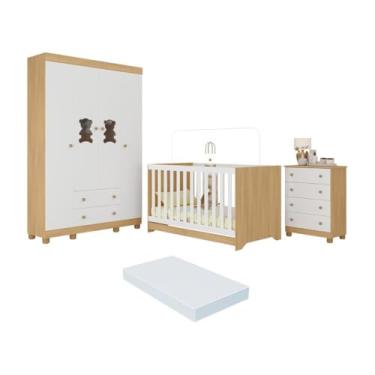 Imagem de Quarto de Bebê Completo c/Berço Americano 3 em 1 Colchão Fofura Multimóveis Mp4665 Madeirado/branco