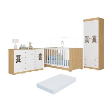 Imagem de Quarto de Bebê Completo c/Berço Americano 3 em 1 Colchão Doçura Multimóveis Mp4674 Madeirado/branco
