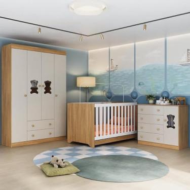 Imagem de Quarto de Bebê Completo com Berço Americano 3 em 1 Teddy Multimóveis Mp4644 Madeirado/off White