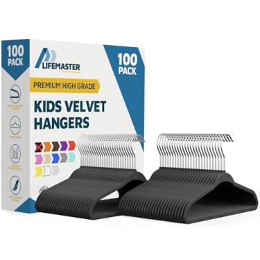 Imagem de Cabides infantis de veludo preto, pacote com 100, cabides antiderrapantes de 27,5 cm para roupas para bebês e crianças, plástico ABS fino que economiza espaço, com gancho giratório de 360° e ombros
