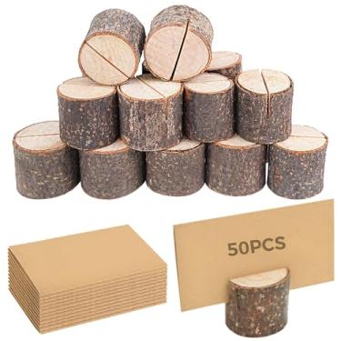Imagem de 50 porta-cartões de mesa de madeira, configurações rústicas para casamentos e festas, fotos decorativas e exibições de números de mesa