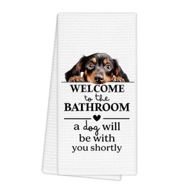 Imagem de EGBTL Toalhas de cozinha engraçadas para cães, decoração de banheiro engraçada, presentes de dachshund para decoração de toalhas de mão femininas, bem-vindo ao banheiro, um cachorro estará com panos
