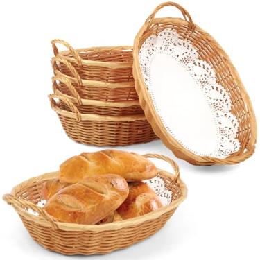 Imagem de Cesta de vime, 6 cestas de pão de vime, cestas de pão para servir pequenas cestas de piquenique com forros de papel para casa, cozinha, restaurante