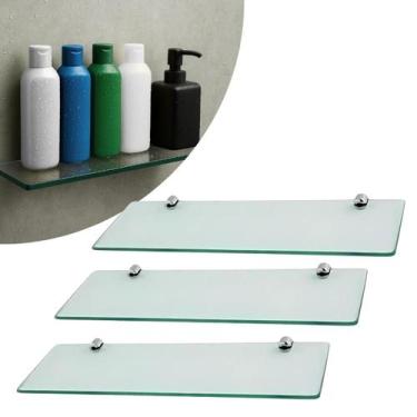 Imagem de Kit 03 Prateleiras de Vidro Porta Shampoo 40cm Banheiro Fixação Dupla 