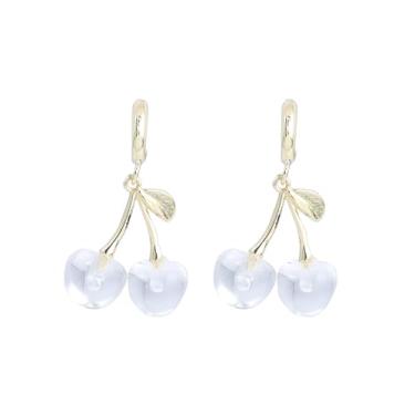 Imagem de Brincos fofos de resina de cereja vermelho engraçado pingente de gota pingente de fruta pingente de folha fofa joia de presente estética para mulheres, Zinco, Sem pedra preciosa