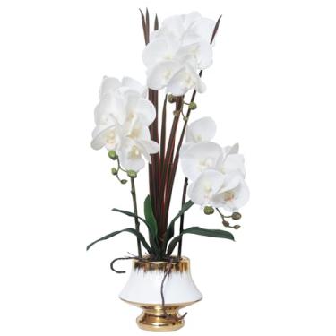 Imagem de CXGS Orquídeas flores artificiais de toque real flor falsa em vaso de cerâmica 50,8 cm planta de orquídea sintética branca phalaenopsis de seda realista para centro de mesa, hotel, casa, decoração