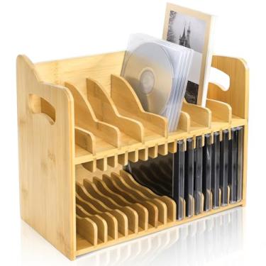 Imagem de Lyellfe Suporte de CD, organizador de mesa de DVD de bambu de 2 camadas com alça de transporte, pés de borracha, prateleira de livros para exibição de cassete sólida para capas de filmes