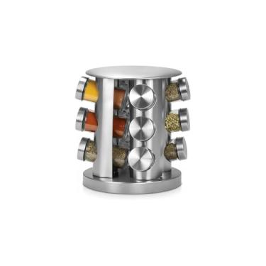 Imagem de Porta Condimentos Giratório, 12 Peças em Aço Inox e Vidro, Base Giratória 360º, 21cm x 29cm, para Cozinha, Churrasqueira, Espaço Gourmet