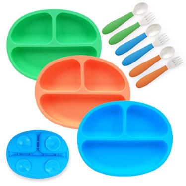 Imagem de Elk and Friends Pratos de sucção de silicone para bebês e crianças pequenas, conjunto de alimentação de talheres de aço inoxidável, prato dividido com design de ventosa, garfos e colheres incluídos