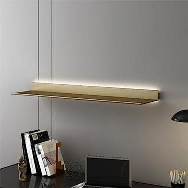 Imagem de uhyOHF Prateleiras flutuantes de parede, prateleiras flutuantes de liga de alumínio com luz LED quente prateleira de armazenamento de parede para quarto, sala de estar e banheiro (ouro 60 x 20 cm