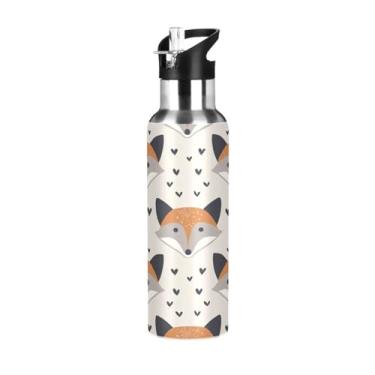 Imagem de Wassud Garrafa de água esportiva de aço inoxidável com canudo garrafas de água com isolamento de palha, copo portátil com padrão de raposa, 940 ml