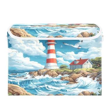 Imagem de CEBUGI Caixotes de armazenamento com tampas, caixa de armazenamento de tecido dobrável, compartimentos organizadores de cubo de farol costeiro para prateleiras de armário de casa e quarto 40 x 30 x 39