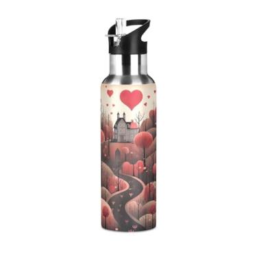 Imagem de Wassud Garrafa de água, árvores altas e padrão de coração, garrafa de água esportiva de aço inoxidável com canudo garrafas de água isoladas copo portátil de viagem 623 g