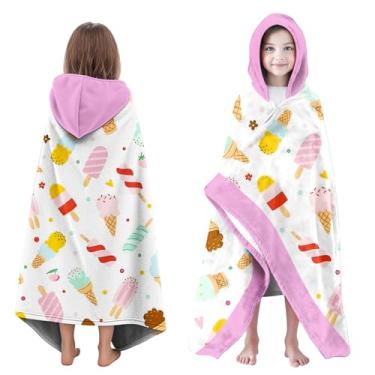 Imagem de Neapth Toalha de praia com capuz de sorvete para meninas, 89 cm x 152 cm, toalha de banho infantil poncho para crianças, rosa e branco, absorvente macio com capuz para 3 a 10 anos, roupão para banho