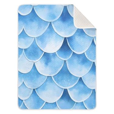 Imagem de xigua Cobertor de algodão com escama de peixe azul para bebês, cobertor leve e macio para recepção e cobertor para berço, carrinho de bebê, cobertores de berçário, 76 x 101 cm