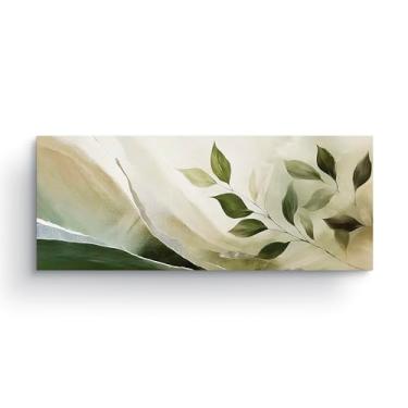 Imagem de quadro decorativo minimalista pintura artistica folhas verdes arte em tela 100x40 cm decoracao parede estilo moderno impressao em alta definicao elegante