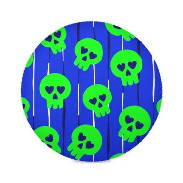 Imagem de Wassud Jogo americano com caveiras verdes brilhantes tapetes de mesa redondos para cozinha e jantar tapetes laváveis resistentes ao calor decoração de mesa 39 cm