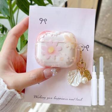 Imagem de COTYPOFLIYTT Compatível com AirPods 4 kit transparente e limpador, lindo design floral de margarida, capa protetora de TPU macio com contas para AirPods 4ª geração - rosa