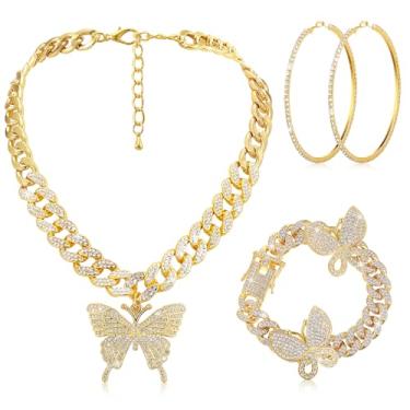 Imagem de Conjunto de 3 peças de joias cubanas de borboleta cubana colar de corrente de elos cubanos para mulheres colar com pingente de borboleta de strass pulseira grande brincos de argola brilhantes