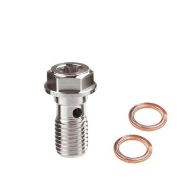 Imagem de Universal M10 x 1,25 aço inoxidável parafusos banjo adaptador de encaixe de freio universal com arruelas de cobre M10, parafuso banjo único M10x1,25 rosca métrica