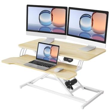 Imagem de YIHAYO Conversor elétrico de mesa de 81 cm, elevação de mesa ajustável para sentar para ficar em pé, suporte rápido para mesa, monitor duplo, estação de trabalho para escritório em casa com bandeja de