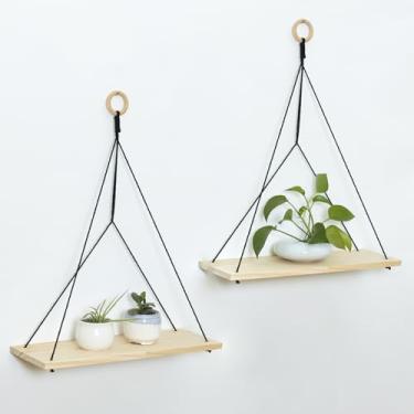 Imagem de HVEST Conjunto de 2 prateleiras suspensas, prateleiras flutuantes de madeira rústica com corda preta - decoração de parede boho para berçário, sala de estar, dormitório - prateleiras suspensas de