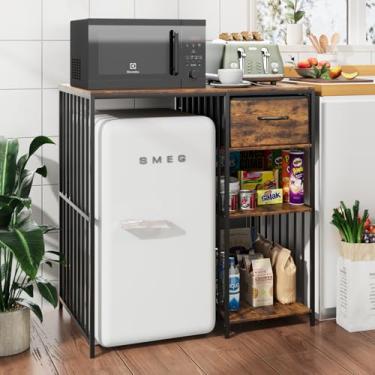 Imagem de VOWNER Mini Armário Para Geladeira Com Tomada, Suporte Micro-Ondas De Cozinha Estilo Industrial 3 Níveis, Prateleira Forno Gaveta, Armazenamento Cozinha, Dormitório E Escritório, Madeira Vintage, 35