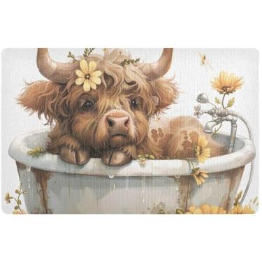 Imagem de TSENQUE Tapetes de porta personalizados com flor de vaca Highland bonito capacho de entrada interna, tapetes de entrada, tapetes de entrada internos laváveis para casa, 81 cm x 50 cm