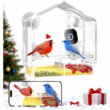 Imagem de LongPlus Alimentador de pássaros de janela com câmera, alimentador de casa de pássaros inteligente 2K com 4 ventosas fortes, identificação de espécies de pássaros AI, notificação instantânea, presente