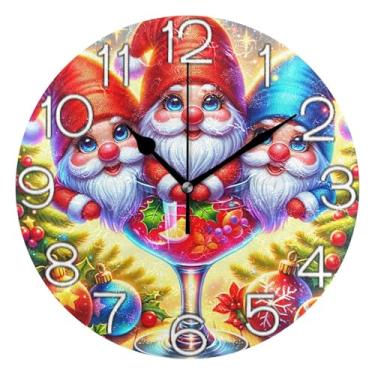 Imagem de Relógio de parede analógico decorativo escritório cozinha relógio redondo sem tique-taque silencioso, arte de parede boho decoração de casa, gnomos alegres Natal colorido, 25 cm, ponteiros pretos