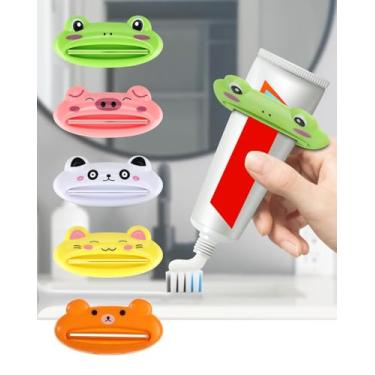 Imagem de Pacote com 5 lindos espremedores de pasta de dente de animais de desenho animado – designs de sapo, gato, panda, porco e urso para facilitar a distribuição de pasta de dente e cremes
