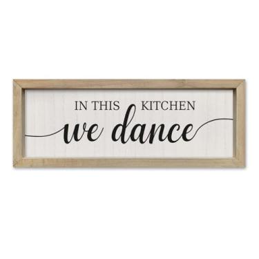 Imagem de SRSZHIYUE In This Kitchen We Dance Decoração de parede humorística 40,6 cm x 15,6 cm rústica casa de fazenda placa de arte de cozinha sinal minimalista inspirador citação para sala de jantar decoração