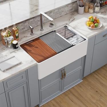 Imagem de 33 White Farmhouse Sink Workstation, Hugsleek Undermount Farm Kitchen Sink 83,8 x 50,8 cm Avental frontal porcelana branca cerâmica Fireclay pia acessórios de borda tigela única sob o balcão lavatórios lavatórios de fazendeiro