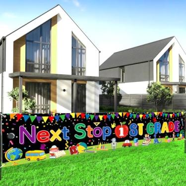 Imagem de Faixa de decoração de festa de formatura de jardim de infância Next Stop 1st Grade Yard Fence Banner Kindergarten Congrats Graduate Class of 2024 Banner for School Prom Party Supplies, 299.7 cm X 58.4