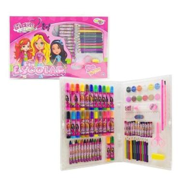 Imagem de Kit Estojo Maleta C/ 98 Peças P/ Colorir Pintura Escolar Infantil Glam