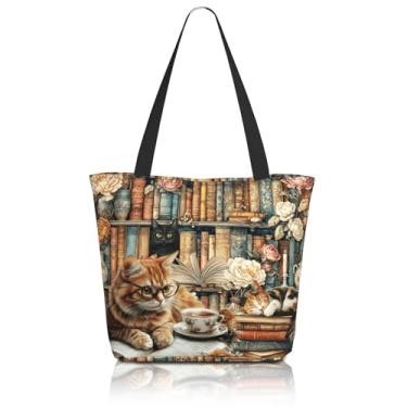 Imagem de Musealia Sacolas cristãs para mulheres, bolsas bíblicas para mulheres, presentes religiosos, bolsa de igreja, reutilizável, sacola de compras de supermercado, Gato e livro, One Size