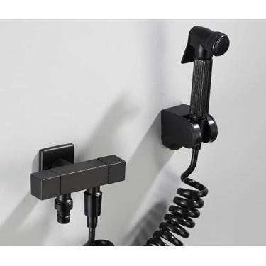 Imagem de Bidê preto fosco chuveiro latão sólido portátil bidê pulverizador para vaso sanitário única água fria chuveiro válvula de canto torneiras bidê (FXF01-SA4)